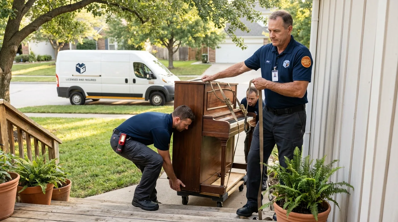 Licensed piano movers securing grand piano in Ely, MN