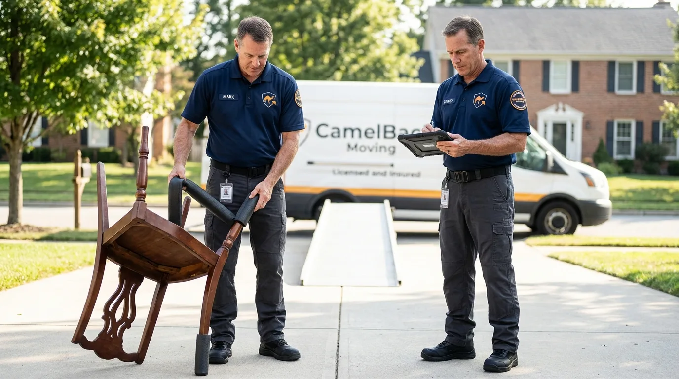 Movers inspecting furniture for damage prevention before loading in Ely, MN